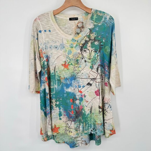 Inoah Women's size Medium Tunic Top art to wear 1/2 sleeve knit rayon blend - Picture 6 of 10